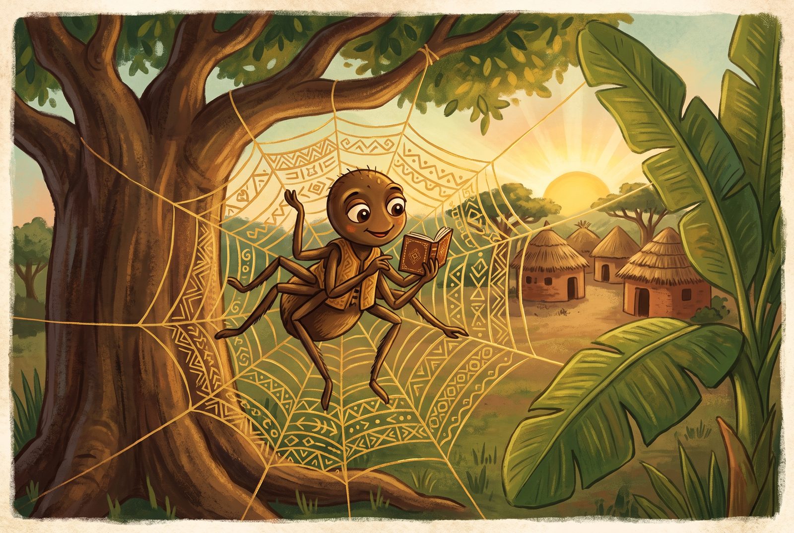 Illustration of Anansi the spider at the center of a golden web, holding a book