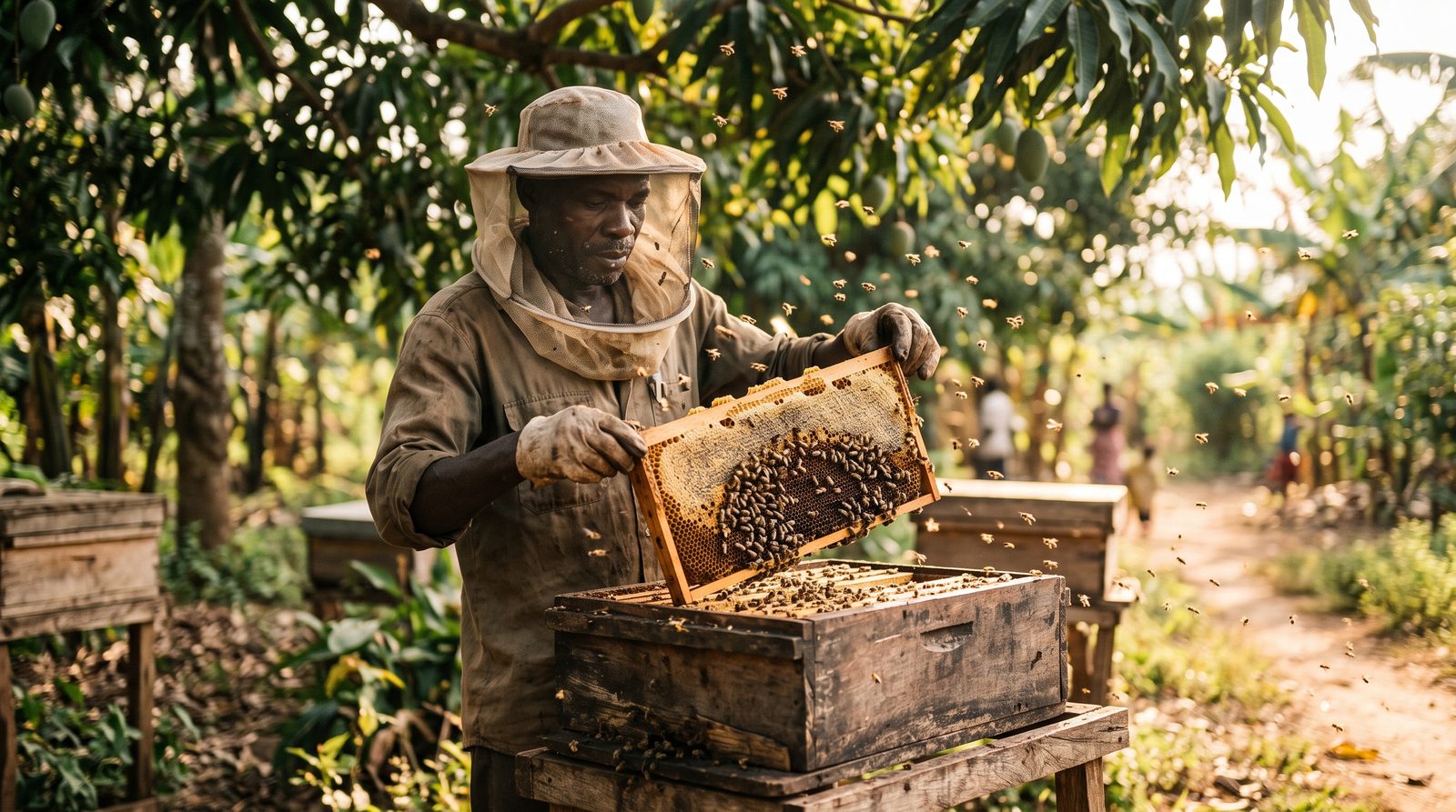 Beekeeper lifting a honeycomb frame from a top-bar hive