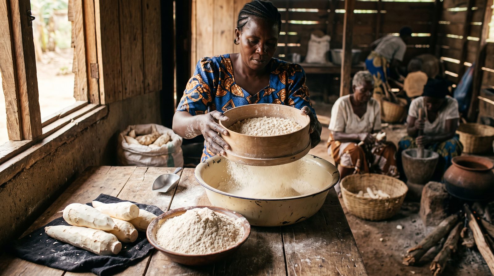 Woman sifting white cassava flour