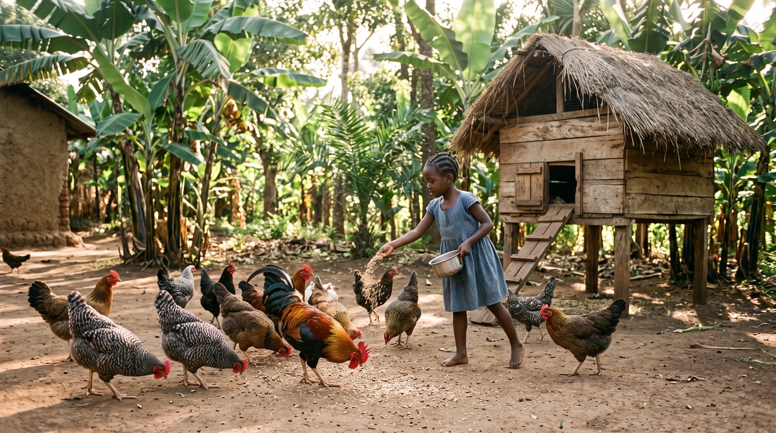 Free-range hens foraging beside a raised wooden coop