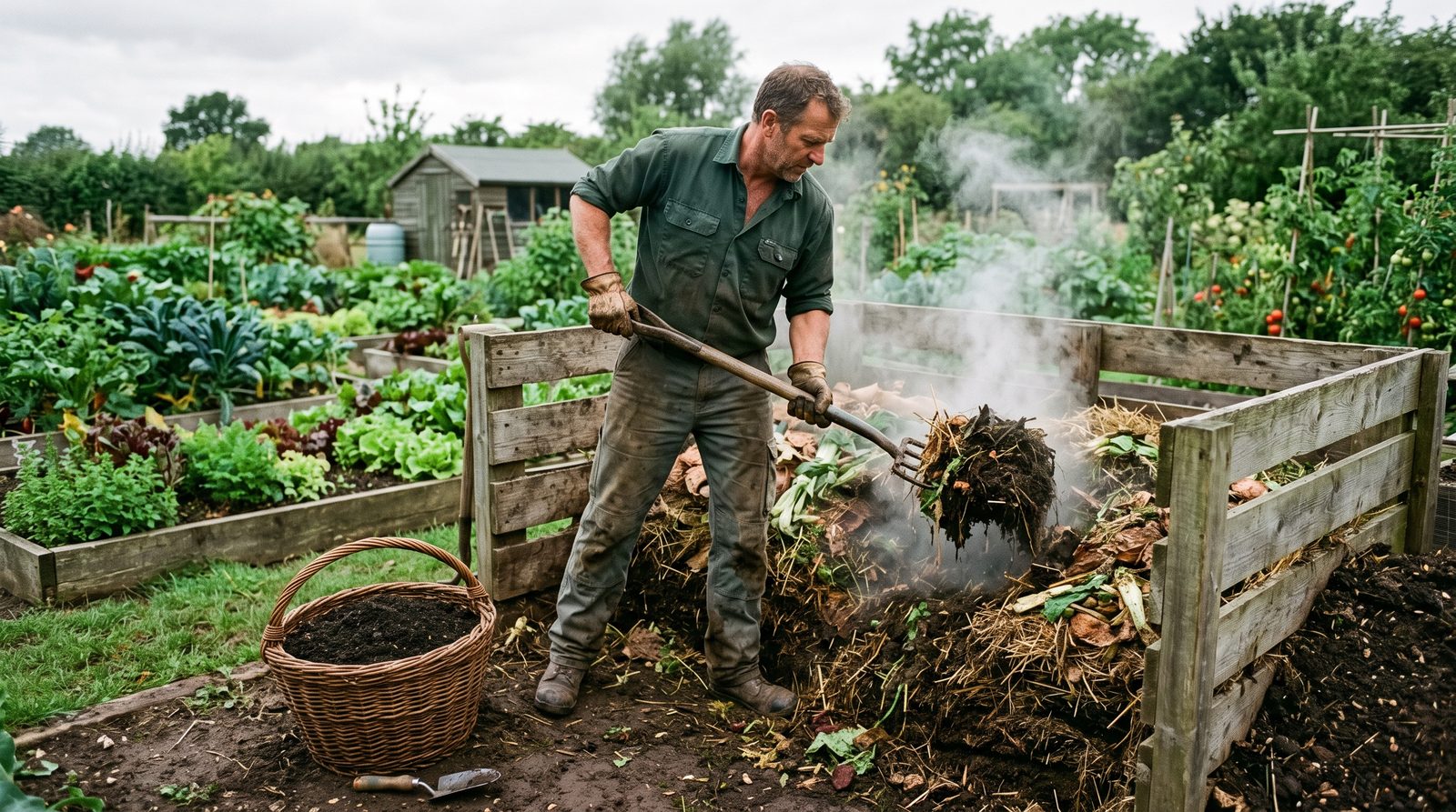 Farmer turning a steaming compost heap with a fork