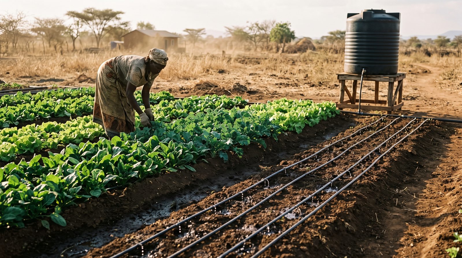 Low-cost drip lines watering neat vegetable rows from a raised barrel