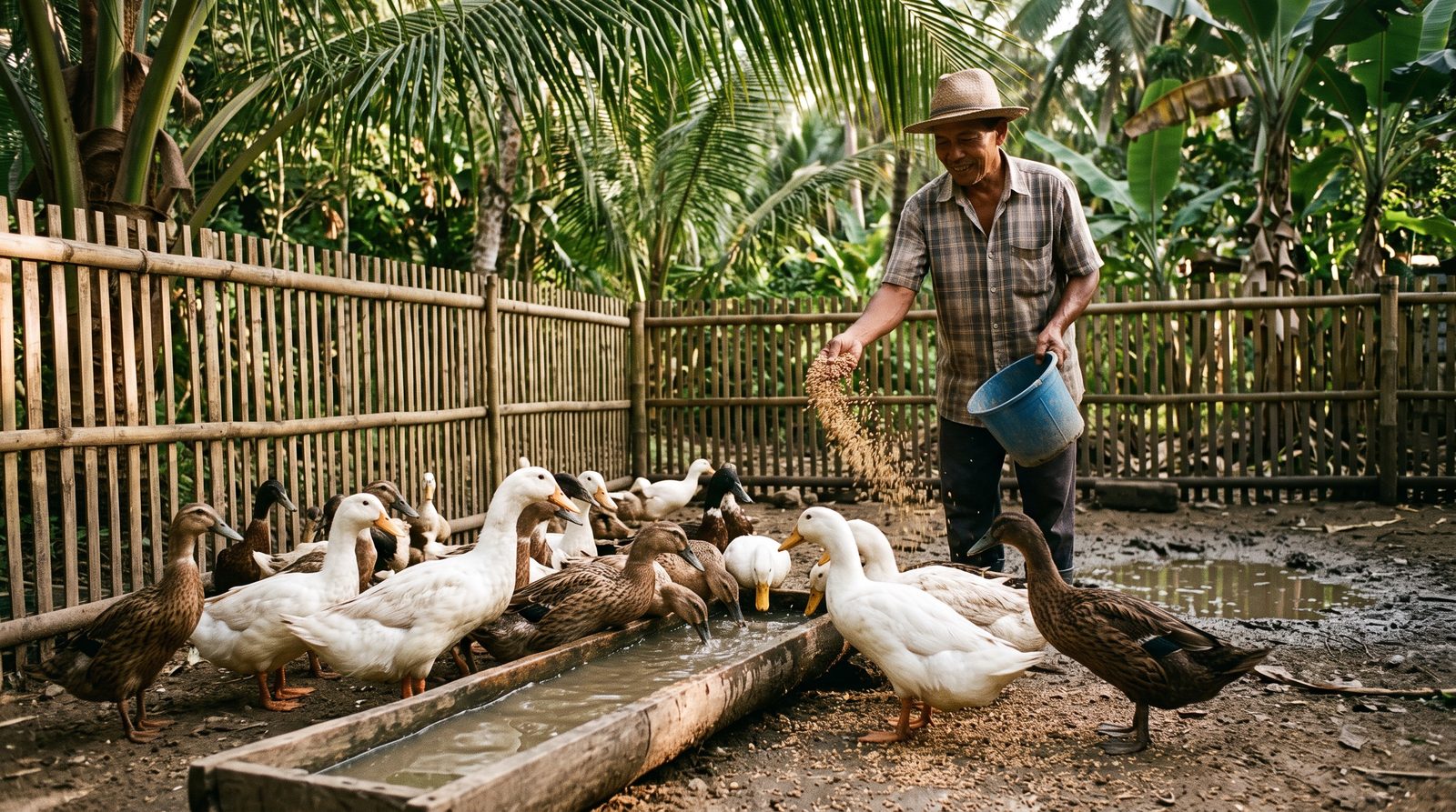 Farmer feeding a mixed flock of ducks at a wooden water trough