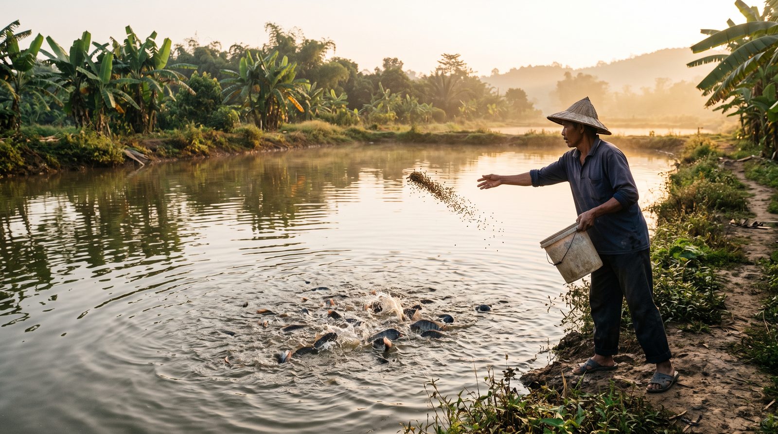 Farmer feeding tilapia in a backyard pond