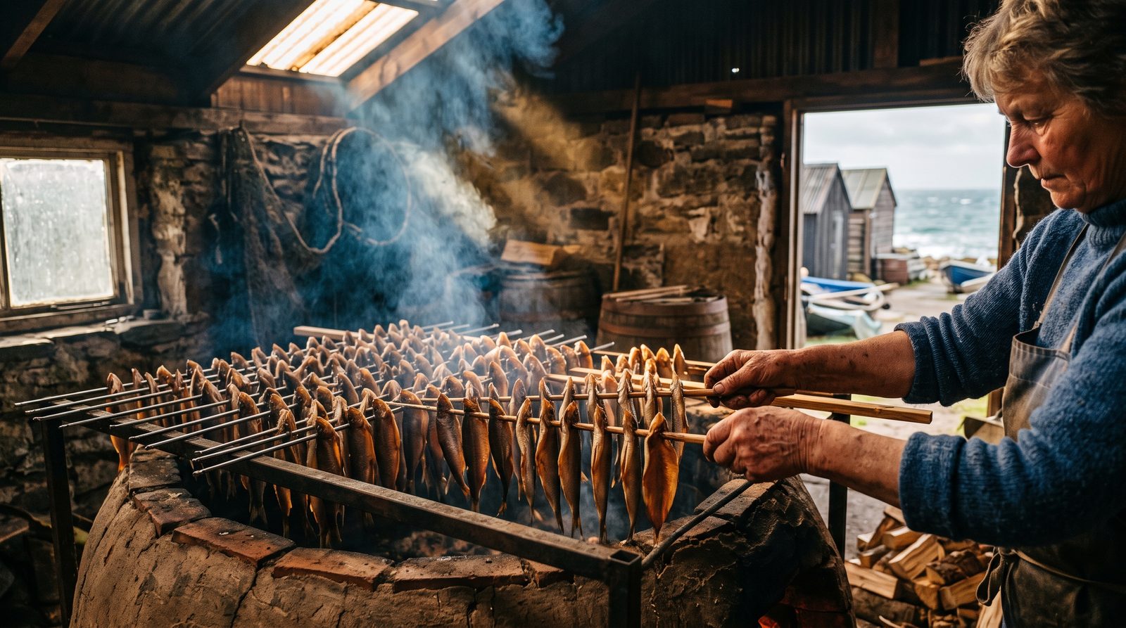 Split fish smoking on racks over a traditional clay oven