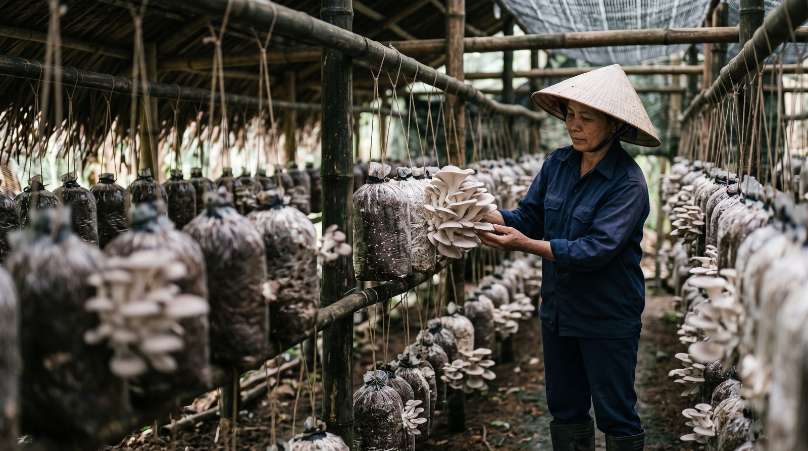 Grower harvesting oyster mushrooms from hanging substrate bags