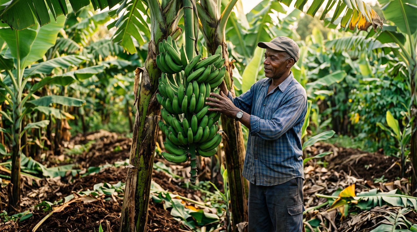 Farmer inspecting a plantain bunch in a grove
