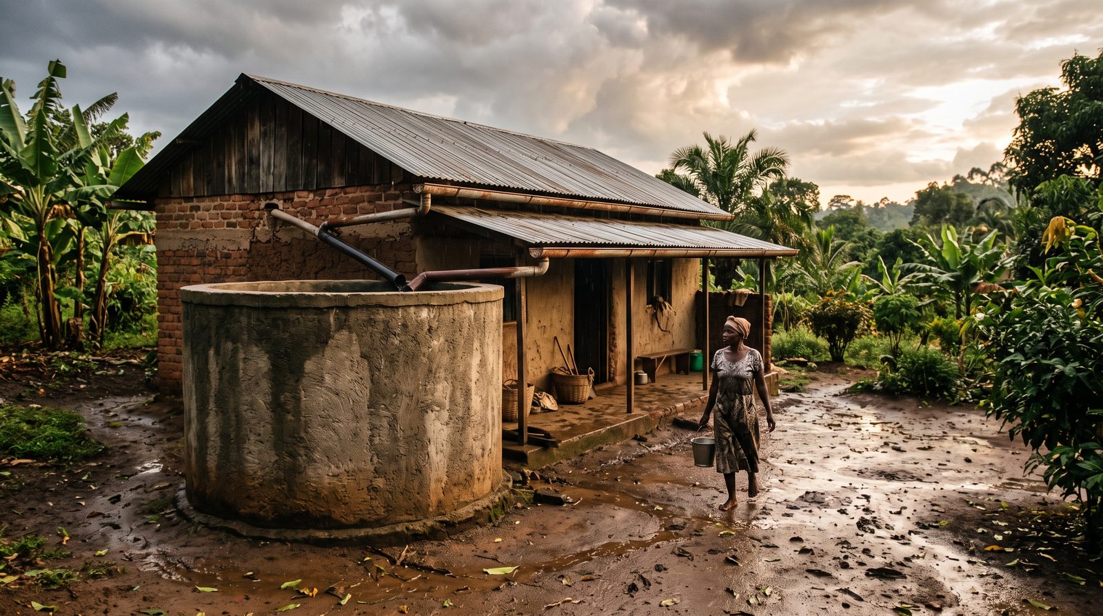 Rainwater tank and gutters on a village house after rain