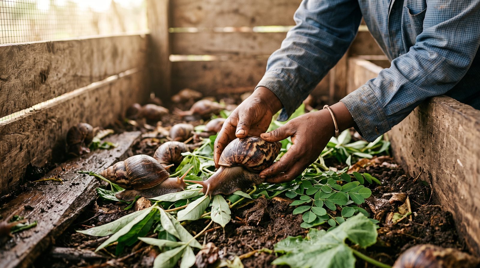 Hands holding a giant African land snail